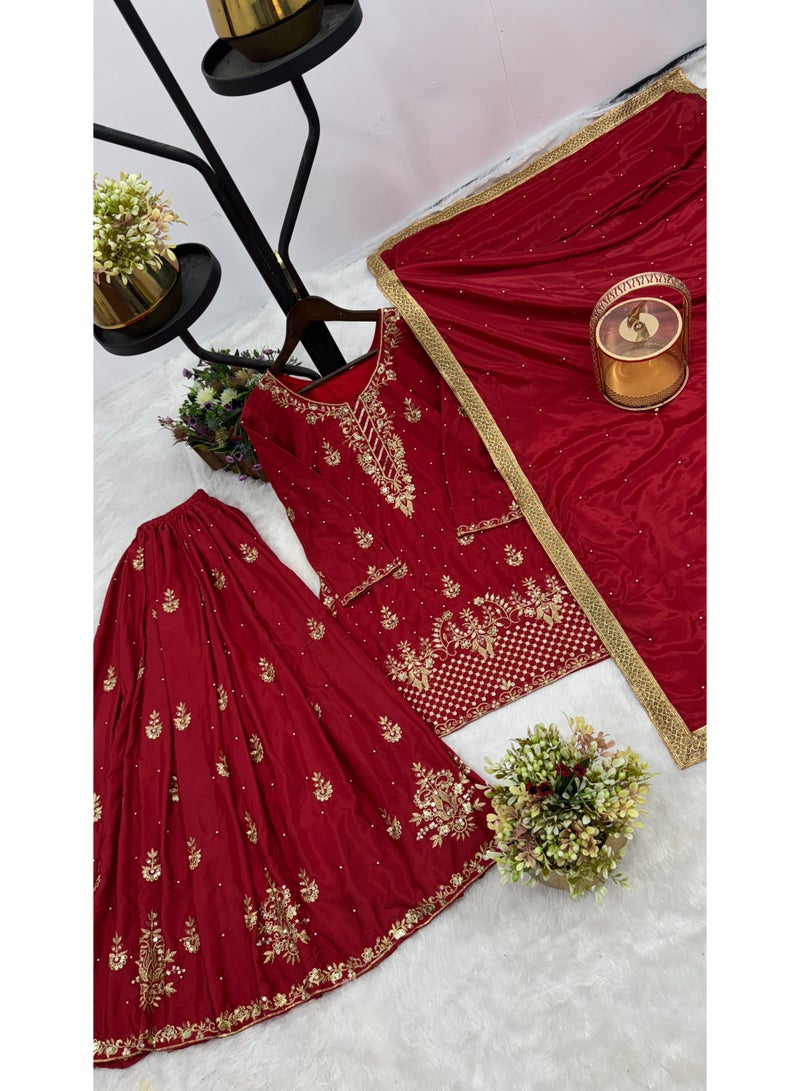 Super Asian Designer Palazo Set with Embroidery, Sequence & Riveted Moti Work | Fully Stitched  - Image 2