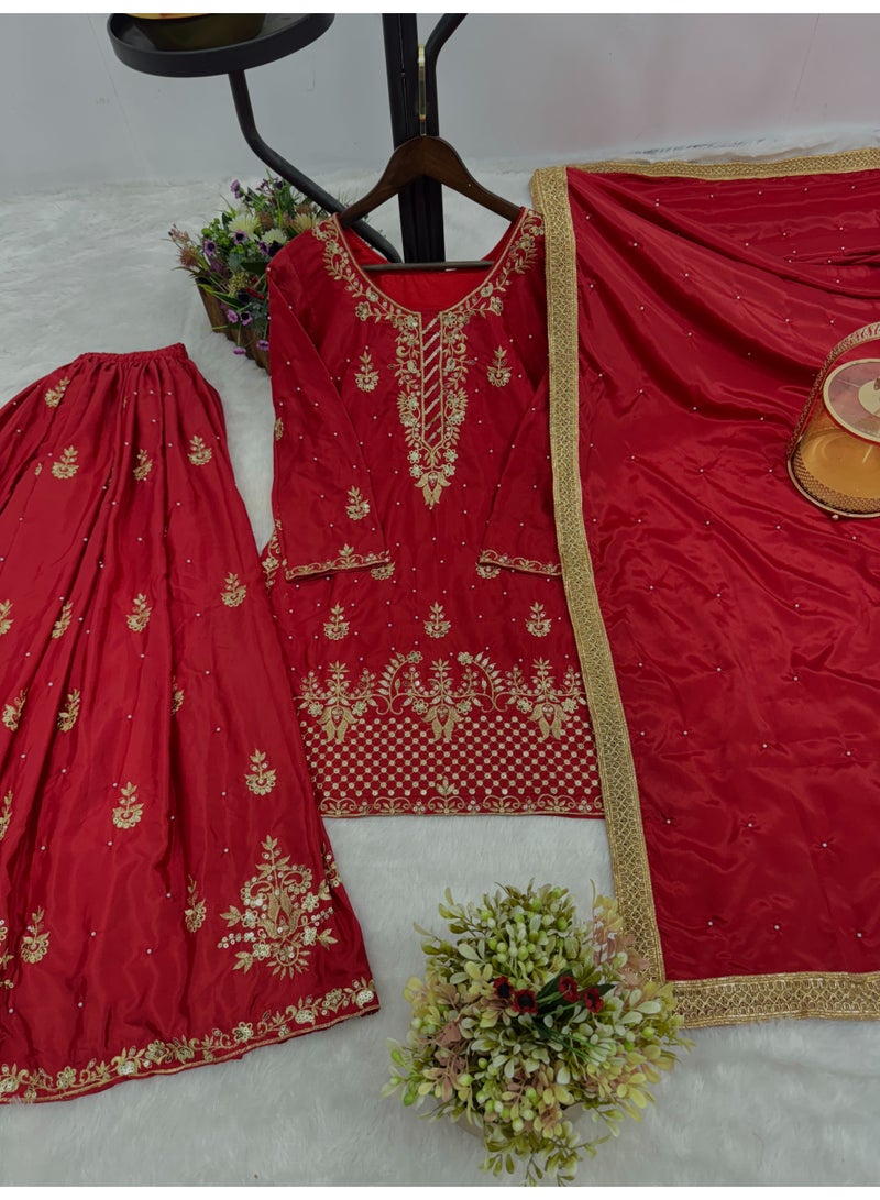 Super Asian Designer Palazo Set with Embroidery, Sequence & Riveted Moti Work | Fully Stitched  - Image 1