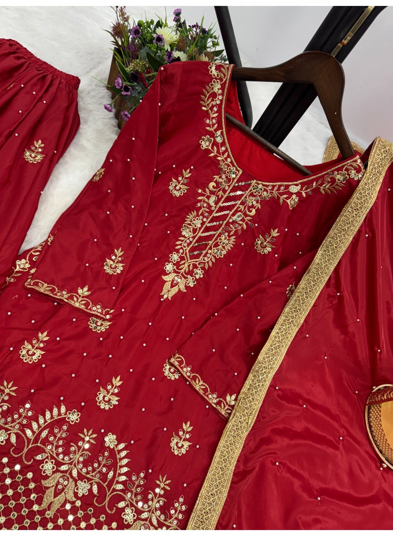 Super Asian Designer Palazo Set with Embroidery, Sequence & Riveted Moti Work | Fully Stitched  - Image 4
