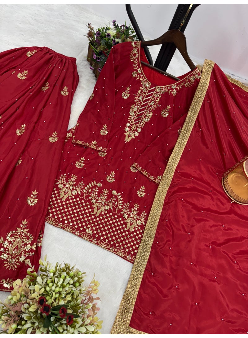 Super Asian Designer Palazo Set with Embroidery, Sequence & Riveted Moti Work | Fully Stitched  - Image 3