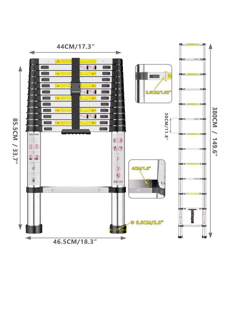 Stainless Steel Telescopic Ladder – 13 Steps, 380 cm Extension Height, Heavy-Duty, Foldable with Non-Slip Feet, 150 kg Load Capacity - Image 4