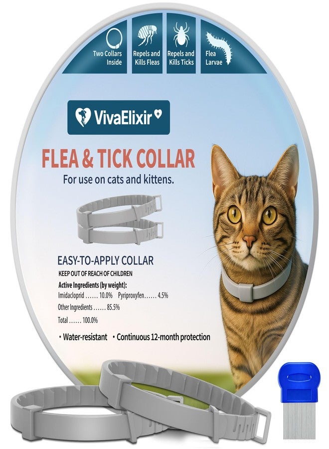 VivaElixir Flea and Tick Collar for Cats 2 Pack, 12 Months of Cat Flea Collar Protection 2 Collars Made with Premium Plant Based Essential Oil Waterproof and Natural Treatment Prevention Free Comb - Image 1