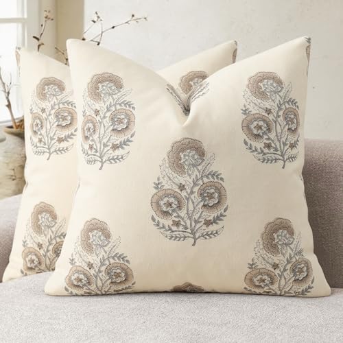 YCOLL Vintage Floral Print Pillow Covers 18x18 Set of 2 Patterned Accent Decorative Cushion Covers Modern Farmhouse Throw Pillow Covers for Sofa Couch Chair Bed Living Room Home Decor Light Brown - Image 1
