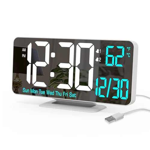 KOSUMOSU Digital LED Clocks for Bedrooms 6.7in White Alarm Clock, Dimming, 12/24h, Date, Day of Week,Temp,Desk Clock, LED Clock for Bedside, Digital Calendar Clocks for Living Room Essentials - Image 1