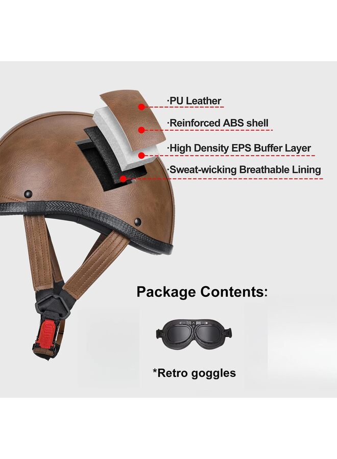 Handmade Leather Motorcycle Helmet Retro Half Face Helmet for Adults Men and Women, Lightweight Open Face 1/2 Vintage Helmets for Moped Cruiser Scooter (Brown L) - Image 5