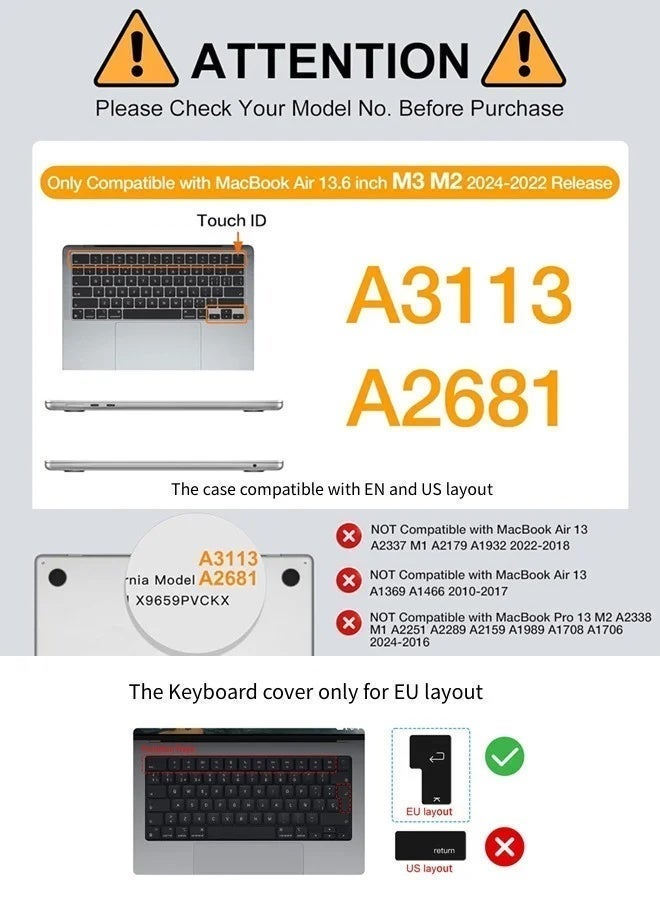 سان يي حافظة MacBook Air مقاس 13 بوصة (2022-2025) – متوافقة مع M4 A3240 M3 A3113 M2 A2681 – غطاء صلب شفاف، أملس ولامع، حماية قابلة للتثبيت - Image 3