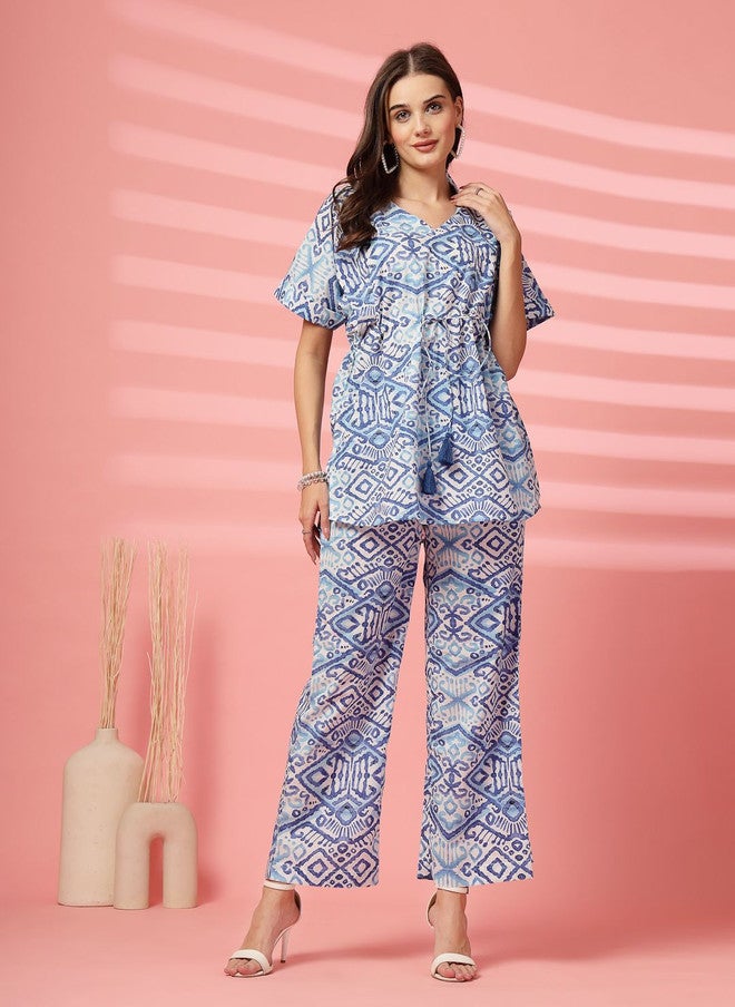 Indibelle Blue and White Printed Cotton Tunic and Trouser Set - Image 5