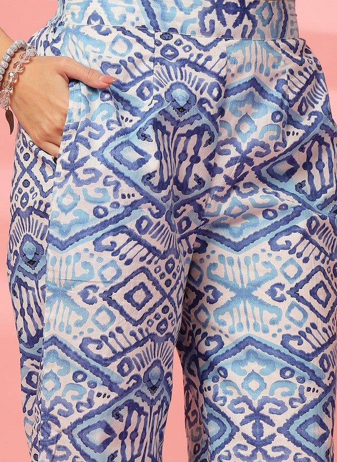 Indibelle Blue and White Printed Cotton Tunic and Trouser Set - Image 2