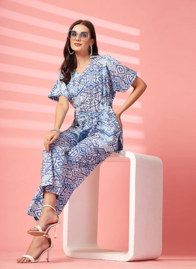 Indibelle Blue and White Printed Cotton Tunic and Trouser Set - Image 3