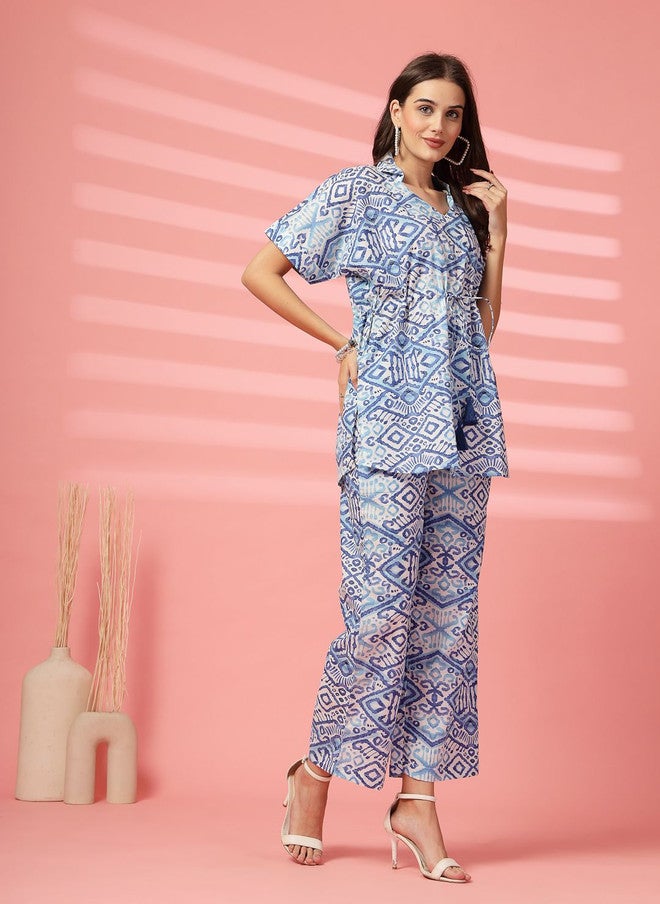 Indibelle Blue and White Printed Cotton Tunic and Trouser Set - Image 4