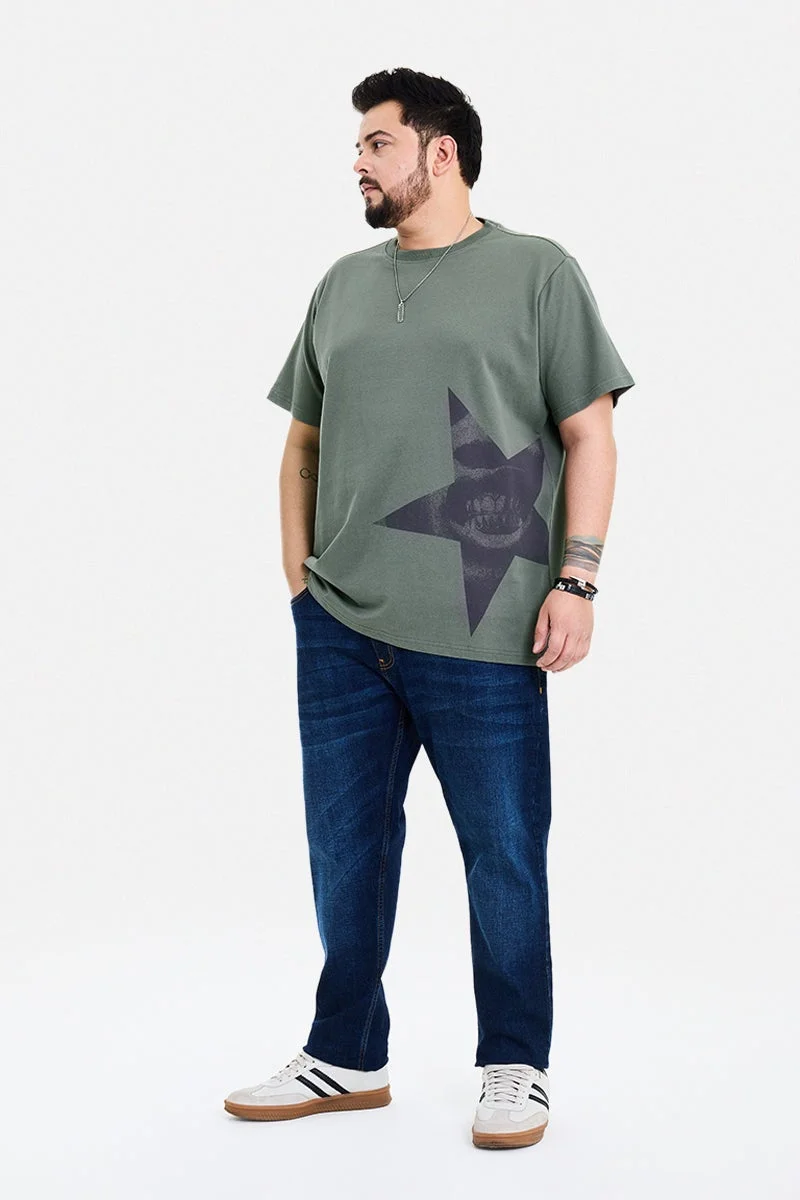 SNITCH Sage Green Graphic Half Sleeve Regular Fit Streetwear T-Shirt