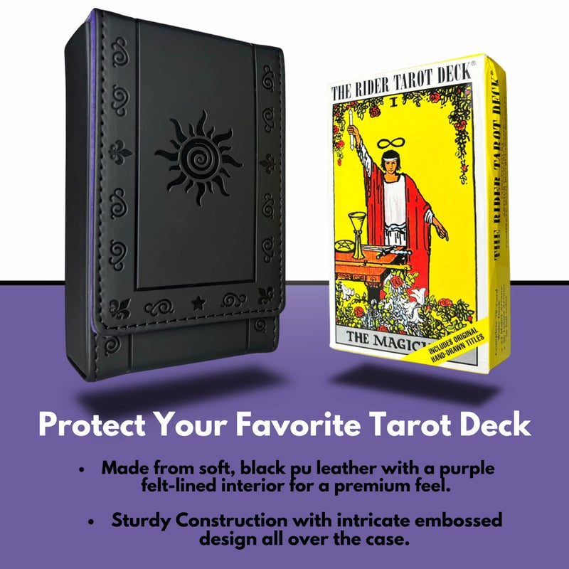Luck Lab Leather Tarot Card Case/Holder - Black - For Most Standard Size Tarot Cards (Fits Deck size with Box measuring 4.875 x 2.875 x 1.25)- Sun Design - Image 2