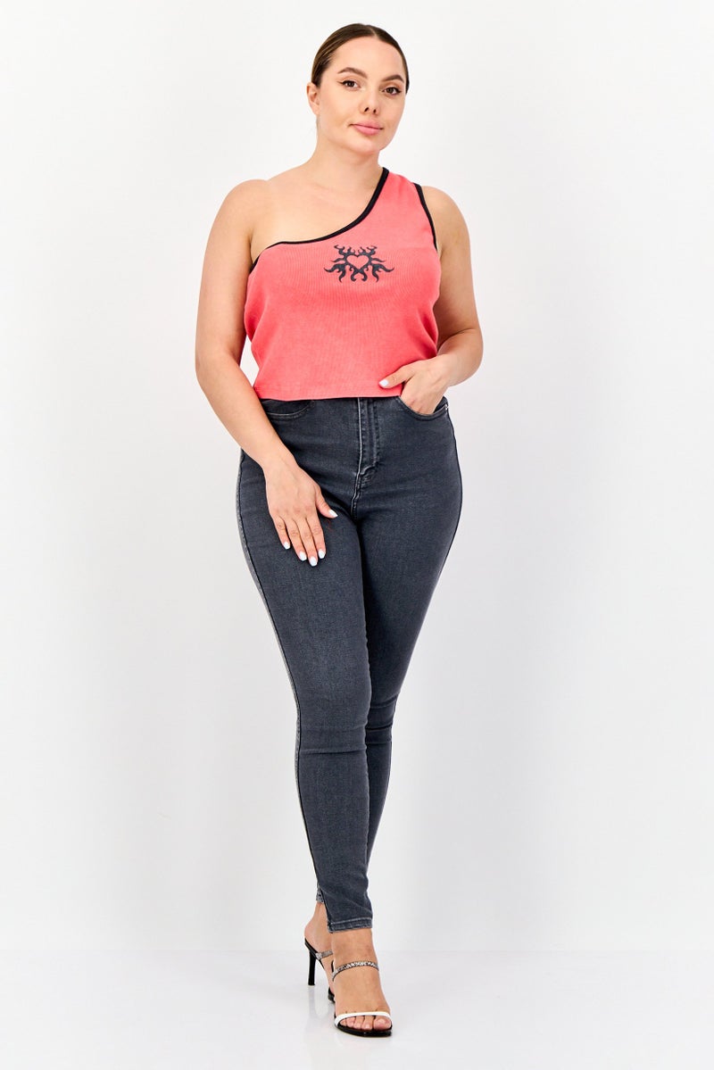 Collusion Women Asymmetrical Neckline Sleeveless Graphic Print Tank Top, Red - Image 2