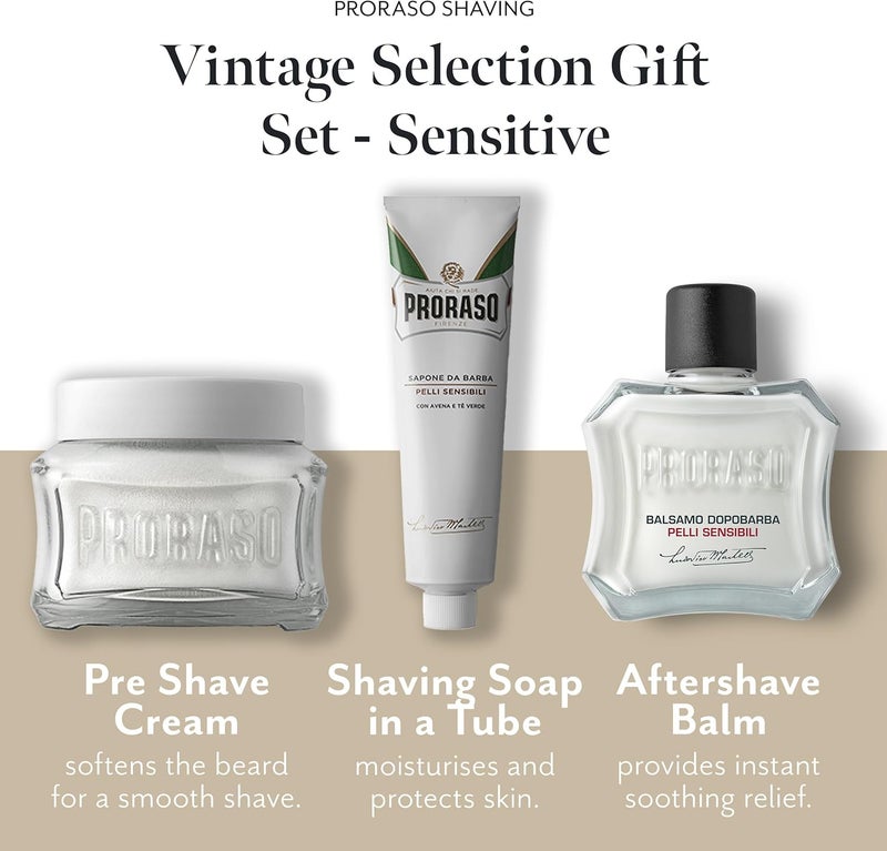 Proraso Vintage Selection Sensitive Skins Line Trio Pack Deluxe Shaving Kit with Pre Shaving Cream Shaving Cream Tube and Aftershave Balm Made in Italy - Image 3