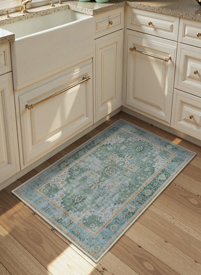LIVEBOX Sage Green 2x3 Washable Rug for Entryway, Oriental Vintage Non-Slip Small Rugs for Kitchen, Indoor Door Mat Entrance, Boho Green Low Pile Ultra Thin Throw Carpet for Bedroom Bathroom Laundry - Image 2