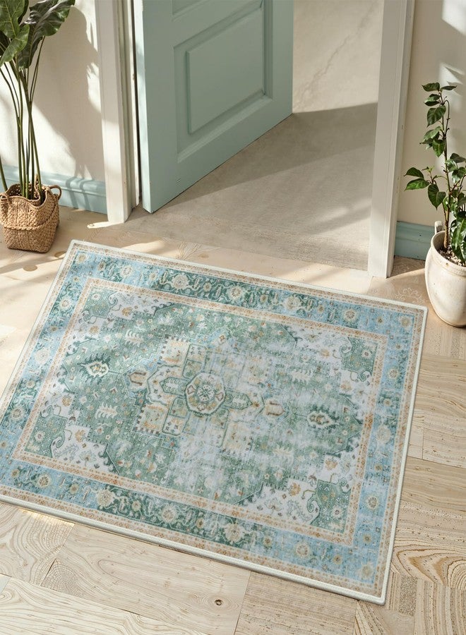 LIVEBOX Sage Green 2x3 Washable Rug for Entryway, Oriental Vintage Non-Slip Small Rugs for Kitchen, Indoor Door Mat Entrance, Boho Green Low Pile Ultra Thin Throw Carpet for Bedroom Bathroom Laundry - Image 1