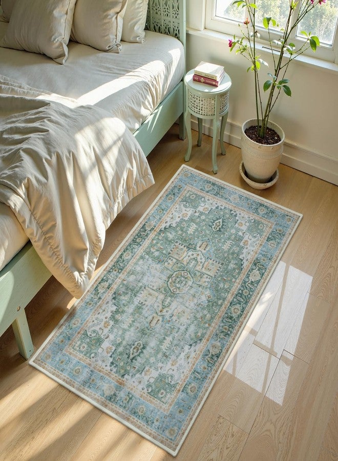 LIVEBOX Sage Green 2x3 Washable Rug for Entryway, Oriental Vintage Non-Slip Small Rugs for Kitchen, Indoor Door Mat Entrance, Boho Green Low Pile Ultra Thin Throw Carpet for Bedroom Bathroom Laundry - Image 3