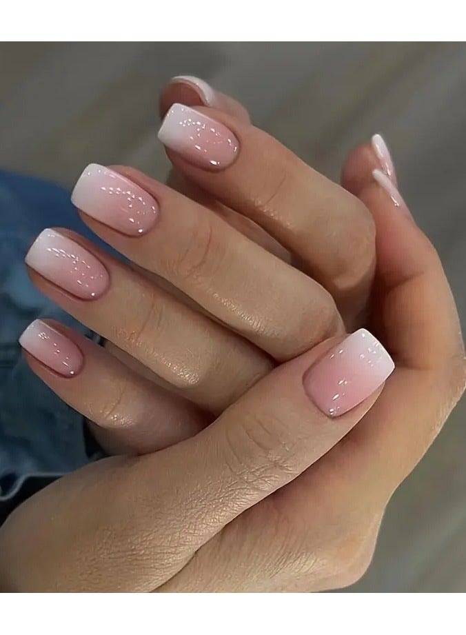 ORiTi 24pcs Glossy Short Square Nails, Nude Pink Gradient Press On Nails, Minimalist Style False Nails For Women Girls Daily Wear - Image 1