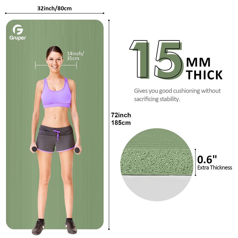 Gruper Thick Yoga Mat Non Slip, Large Size 72" L x 32" W x 0.6" TH, Premium Exercise & Fitness Mat with Carrying Strap and Bag, Workout Mats for Home (Matcha, 0.6 * 32 * 72 Inches) - Image 2
