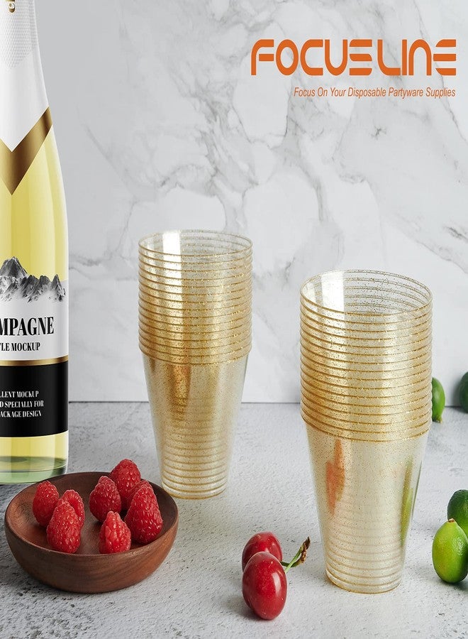 FOCUSLINE 9 oz Gold Plastic Cups, Disposable Clear Fancy Hard Plastic Cups, Gold Glitter, Heavy Duty, Reusable,100 Count - Image 3