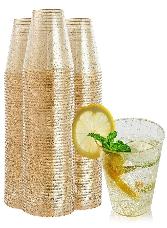 FOCUSLINE 9 oz Gold Plastic Cups, Disposable Clear Fancy Hard Plastic Cups, Gold Glitter, Heavy Duty, Reusable,100 Count - Image 1