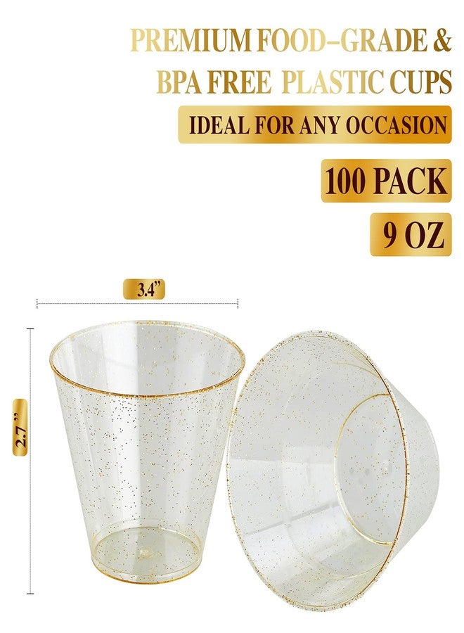 FOCUSLINE 9 oz Gold Plastic Cups, Disposable Clear Fancy Hard Plastic Cups, Gold Glitter, Heavy Duty, Reusable,100 Count - Image 2