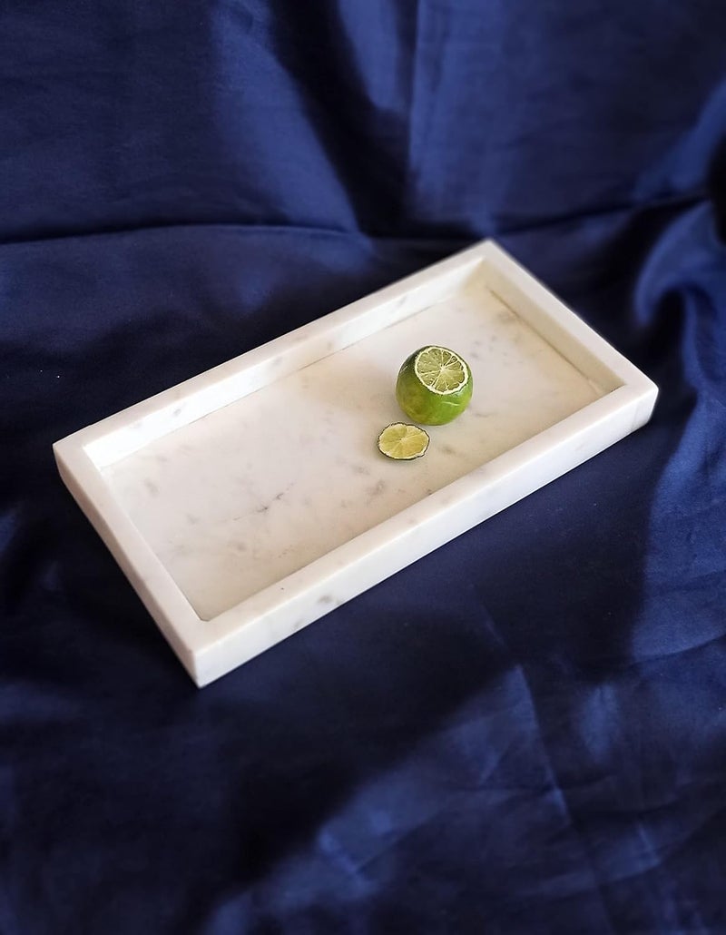 RM Marble Tray Rectangle Shape Marble Tray for Bathroom Living Room Kitchen Serving Dining Table Jewellery Candle Perfume Cosmetic Organizer Gift Vanity PlatterWhite - Image 1