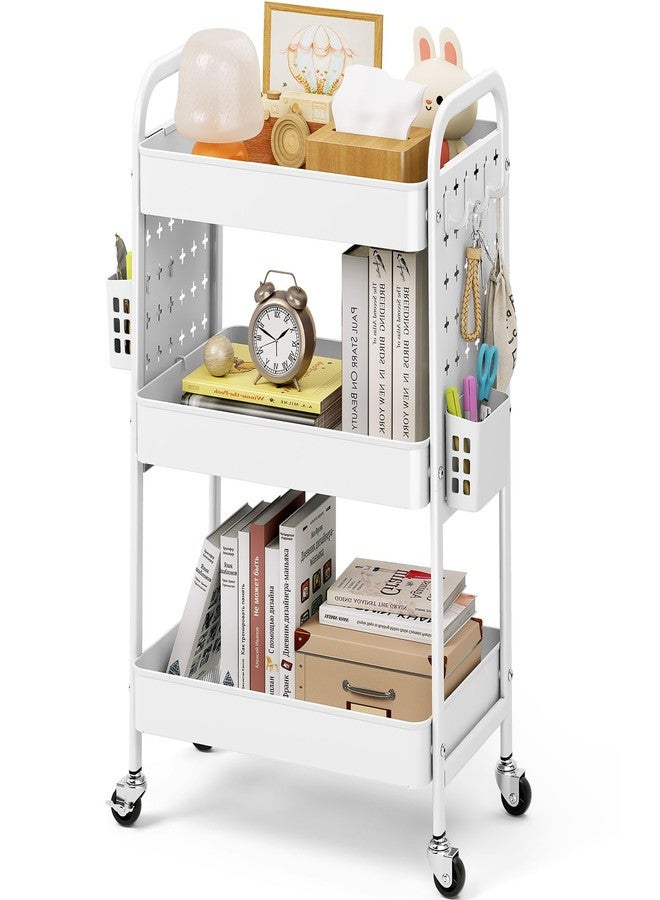 KINGRACK 3 Tier Rolling Cart with DIY Pegboard, Metal Utility Cart with Wheels, Hooks & Baskets, Sturdy Storage Organizer for Craft, Bathroom, Kitchen, Office, Nursery, Classroom (White) - Image 1
