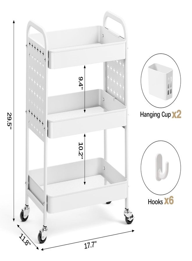 KINGRACK 3 Tier Rolling Cart with DIY Pegboard, Metal Utility Cart with Wheels, Hooks & Baskets, Sturdy Storage Organizer for Craft, Bathroom, Kitchen, Office, Nursery, Classroom (White) - Image 2