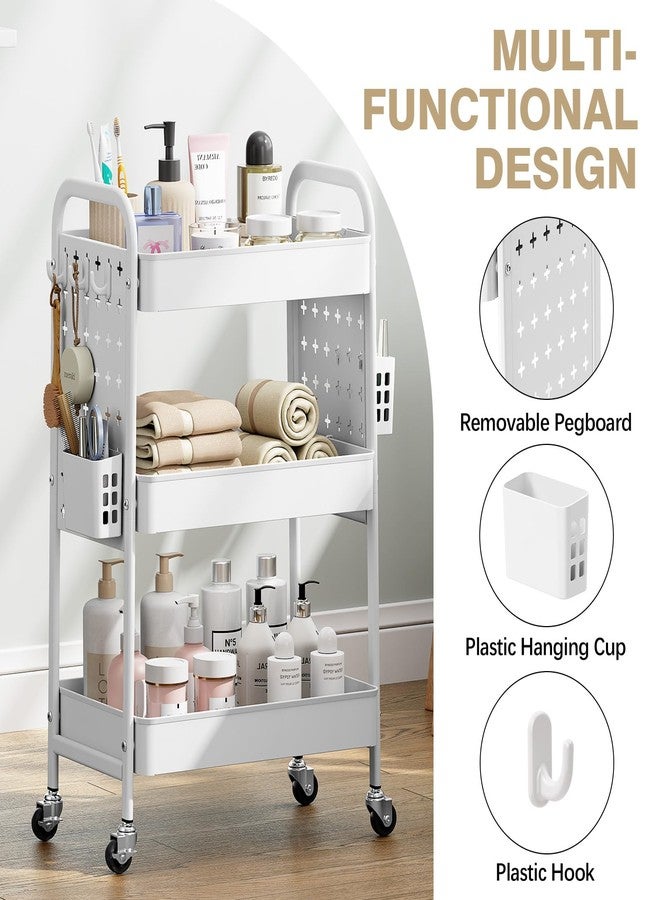 KINGRACK 3 Tier Rolling Cart with DIY Pegboard, Metal Utility Cart with Wheels, Hooks & Baskets, Sturdy Storage Organizer for Craft, Bathroom, Kitchen, Office, Nursery, Classroom (White) - Image 3