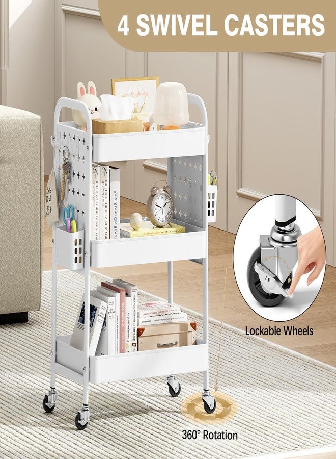KINGRACK 3 Tier Rolling Cart with DIY Pegboard, Metal Utility Cart with Wheels, Hooks & Baskets, Sturdy Storage Organizer for Craft, Bathroom, Kitchen, Office, Nursery, Classroom (White) - Image 4