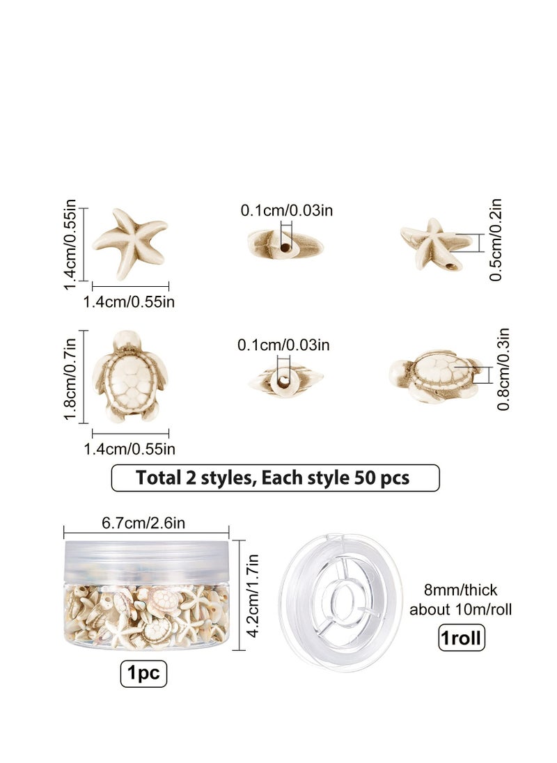 SYOSI 100Pcs 2 Styles Tortoise Beads Starfish Beads Summer Beads for Jewelry Making Synthetic Turquoise Beads Turtle Charms Bulk Ocean Animal Spacer Beads Elastic Thread Bracelets Beige  - Image 2