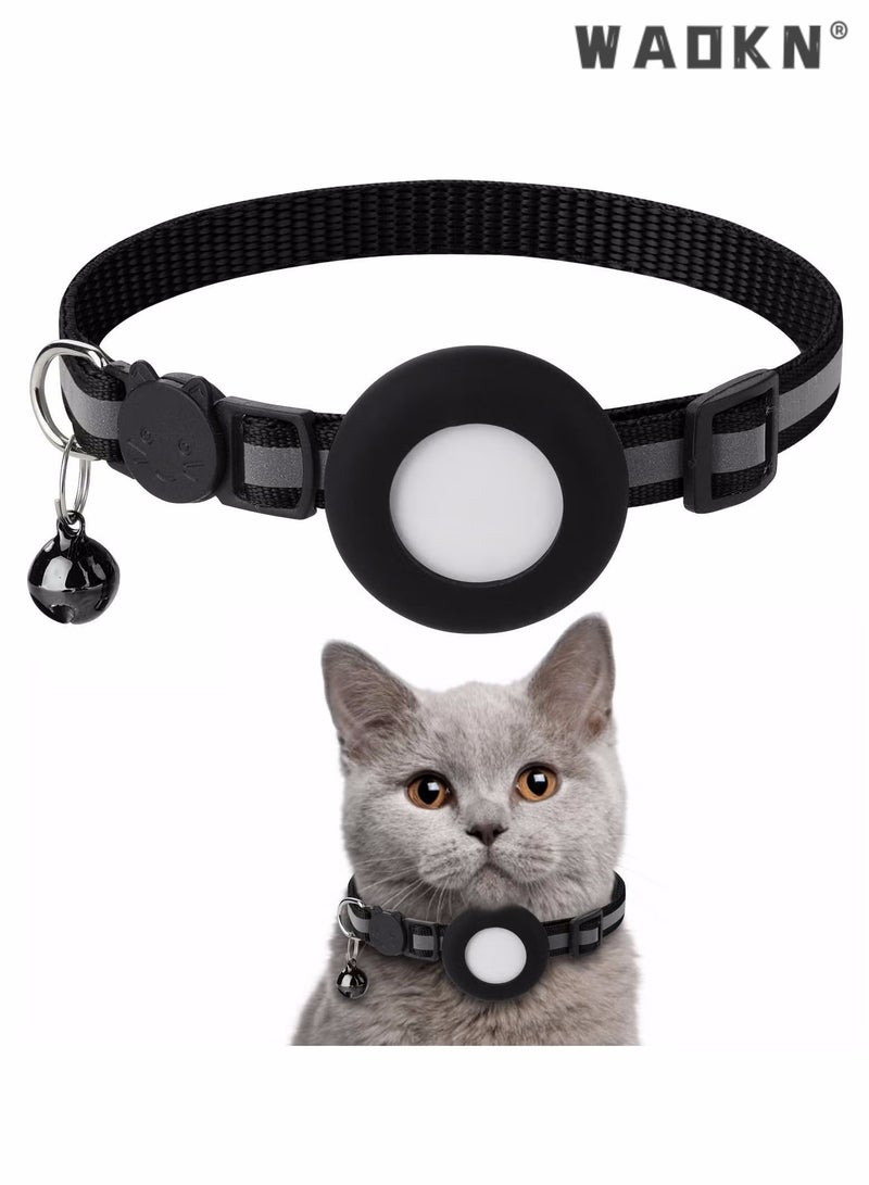WAOKN Airtag Cat Collar, for Airtag Cat Collar with Bell Adjustable Breakaway Kitten Collars, Reflective Designed, Waterproof Holder Dog Puppy Breakaway Safety Buckle Collar for Cat Kitten Puppy (Black)  - Image 1