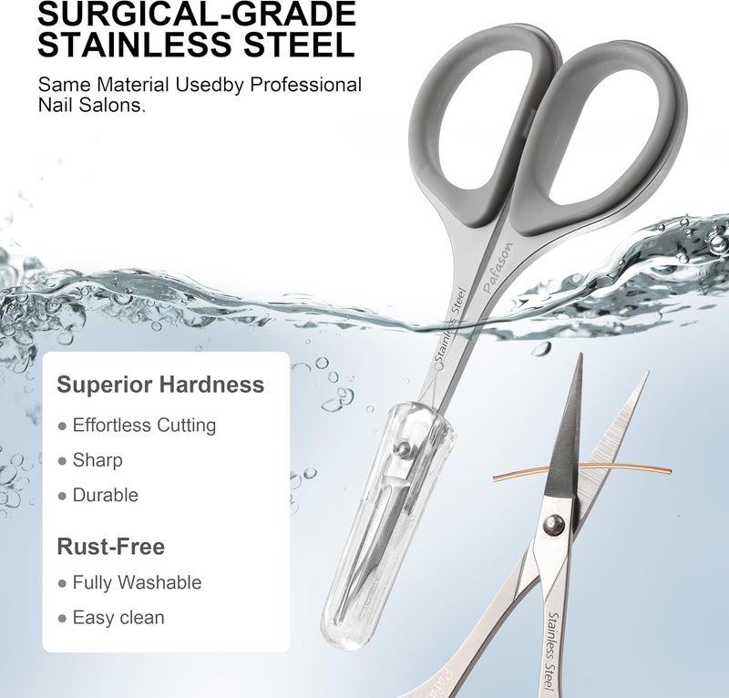 Pafason High Precision Manicure Scissor Set, 2 PC Multi-Purpose Curved and Straight Cuticle Beauty Grooming Tool for Eyelash, Eyebrow Nail Dry Skin,Stainless Steel, Safety Cases - Image 3