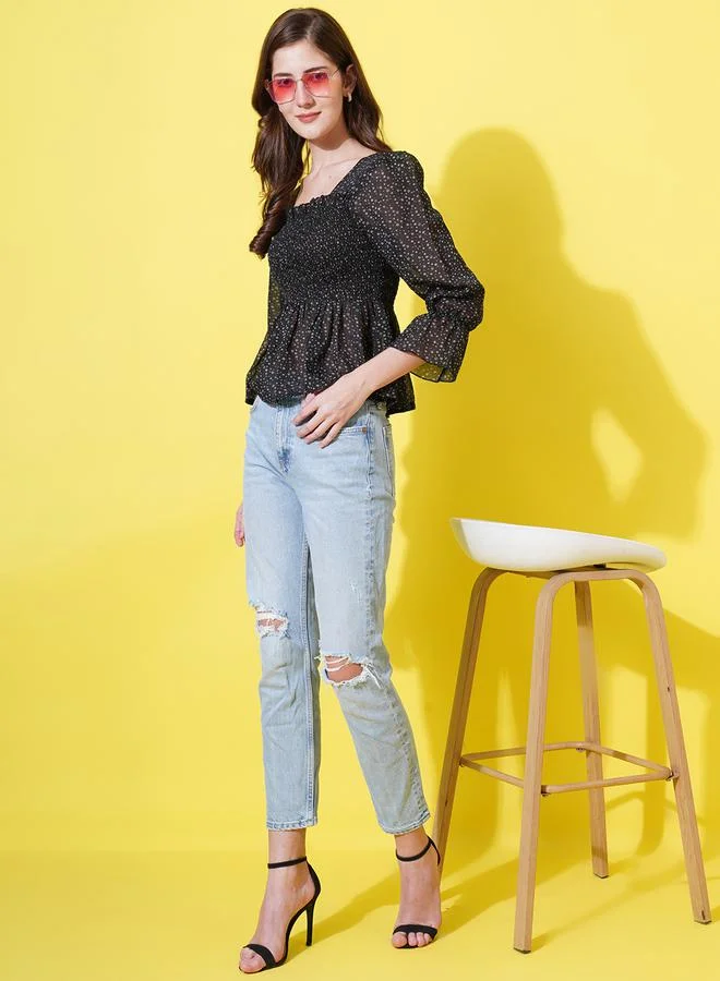 U&F Ditsy Print Smocked Georgette Peplum Top by Styli