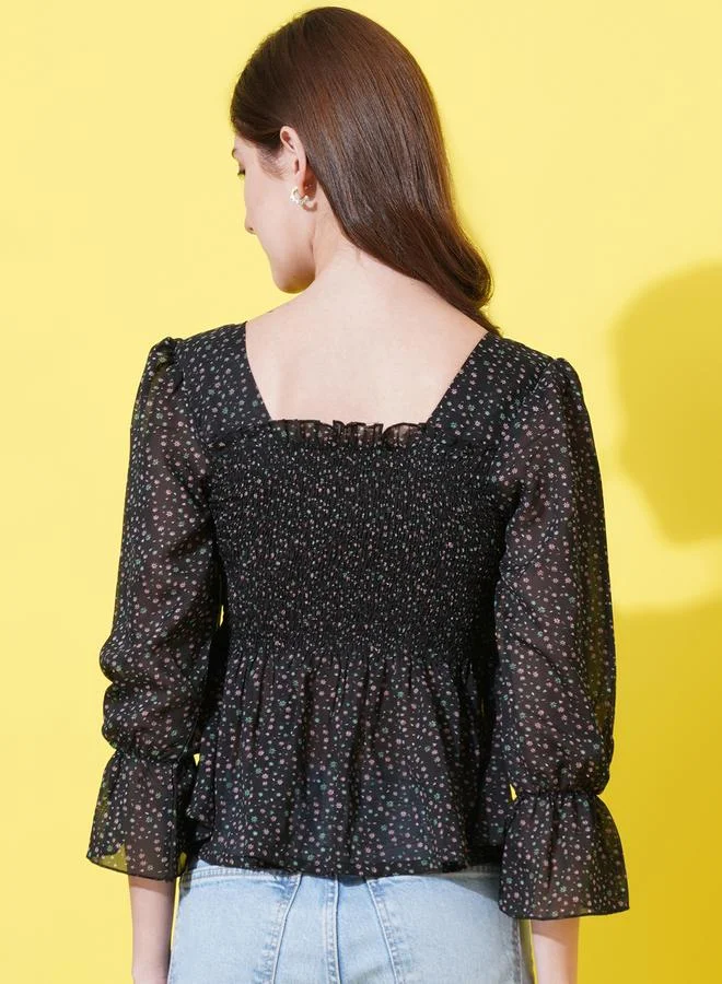 U&F Ditsy Print Smocked Georgette Peplum Top by Styli