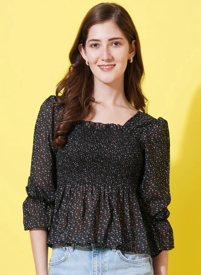 U&F Ditsy Print Smocked Georgette Peplum Top by Styli
