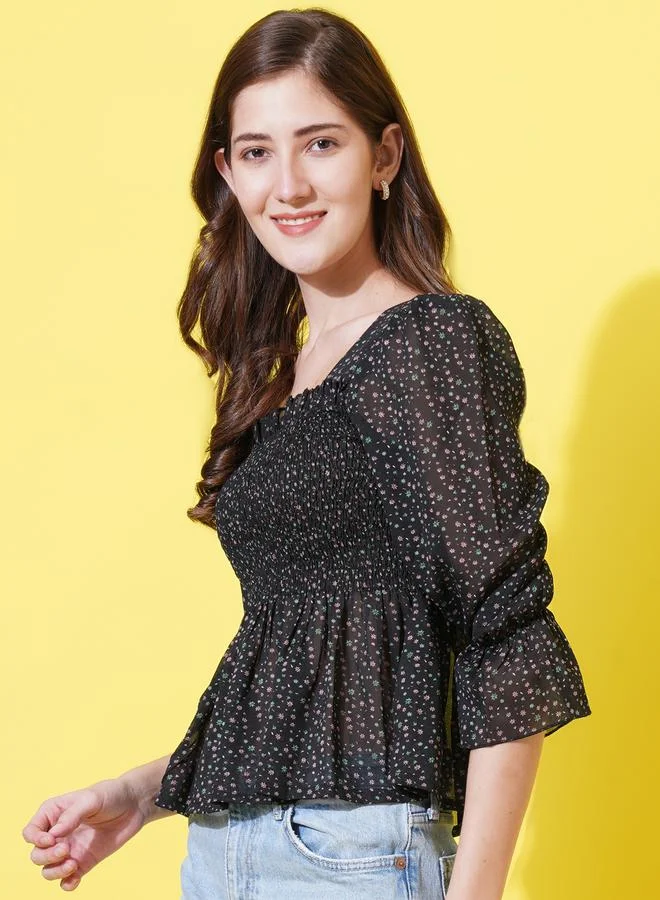 U&F Ditsy Print Smocked Georgette Peplum Top by Styli