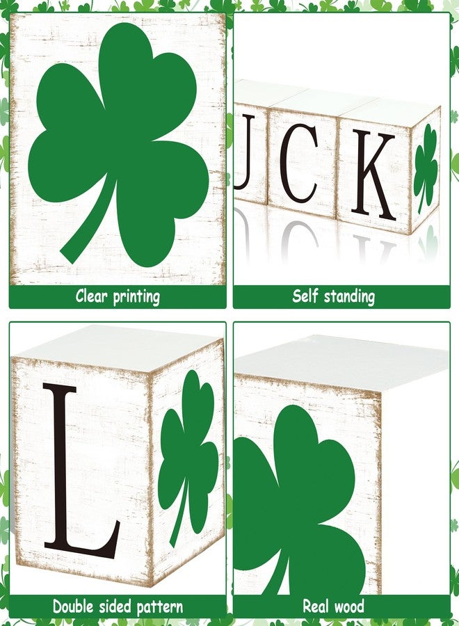 Fairooth 4 Pcs St. Patrick's Day Wooden Block Signs Double-Sided Shamrock Luck Tabletop Centerpiece Rustic Irish Clover Tiered Tray Decor for St. Patrick's Day Holiday Party Home Office Shelf Table Decoration - Image 3