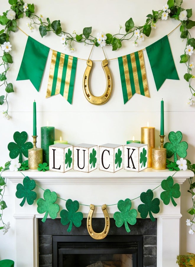 Fairooth 4 Pcs St. Patrick's Day Wooden Block Signs Double-Sided Shamrock Luck Tabletop Centerpiece Rustic Irish Clover Tiered Tray Decor for St. Patrick's Day Holiday Party Home Office Shelf Table Decoration - Image 5