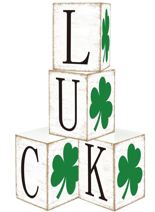 Fairooth 4 Pcs St. Patrick's Day Wooden Block Signs Double-Sided Shamrock Luck Tabletop Centerpiece Rustic Irish Clover Tiered Tray Decor for St. Patrick's Day Holiday Party Home Office Shelf Table Decoration - Image 1