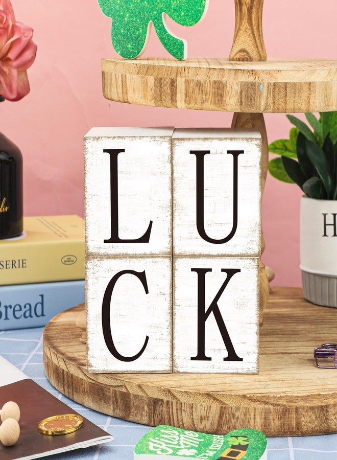 Fairooth 4 Pcs St. Patrick's Day Wooden Block Signs Double-Sided Shamrock Luck Tabletop Centerpiece Rustic Irish Clover Tiered Tray Decor for St. Patrick's Day Holiday Party Home Office Shelf Table Decoration - Image 4