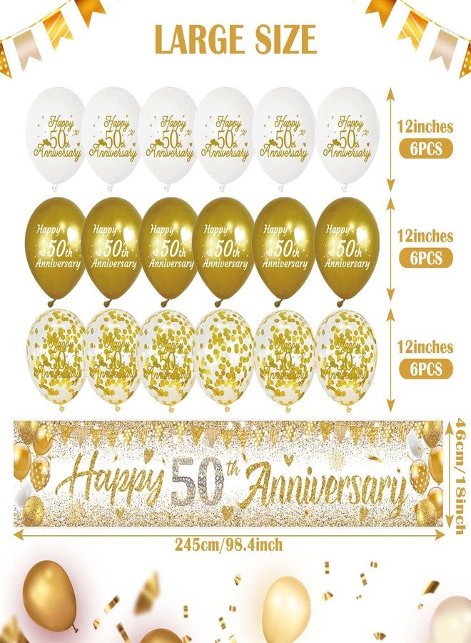 GOLDCROW مجموعة زينة الذكرى الخمسين - لافتة كبيرة مكتوب عليها "عيد زواج سعيد الخمسين" مع 18 بالونًا، بتصميم أبيض وذهبي لحفل زفاف ذهبي بمناسبة مرور 50 عامًا، خلفية، لافتة للحديقة - Image 2