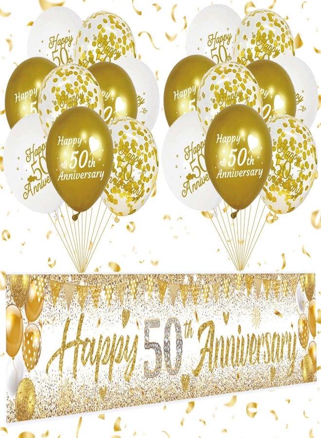 GOLDCROW مجموعة زينة الذكرى الخمسين - لافتة كبيرة مكتوب عليها "عيد زواج سعيد الخمسين" مع 18 بالونًا، بتصميم أبيض وذهبي لحفل زفاف ذهبي بمناسبة مرور 50 عامًا، خلفية، لافتة للحديقة - Image 1
