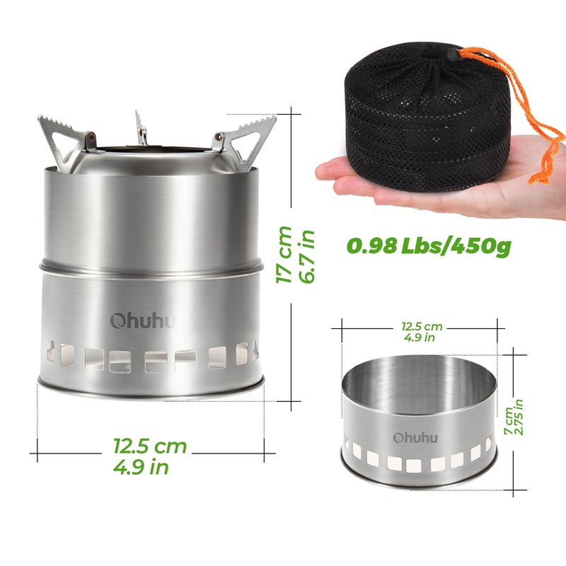 Ohuhu Camping Stove, Ohuhu Camp Stove Wood Burning Stove Stainless Steel Stoves Mini Portable Stove for Camping Picnic BBQ Backpacking Hiking Survival Emergency Cooking Outdoor with Grill Grid Carry Bag - Image 3