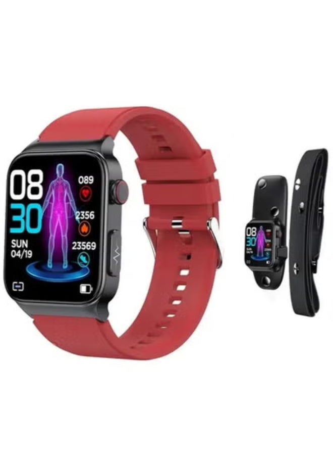 AROAQ Blood Sugar Smart Watch Glucometer Digital Sports Watch ECG/B,P Monitoring Body Temperature Female Menstrual Cycle (Red + ECG Band) - Image 1