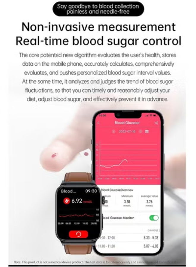 AROAQ Blood Sugar Smart Watch Glucometer Digital Sports Watch ECG/B,P Monitoring Body Temperature Female Menstrual Cycle (Red + ECG Band) - Image 2