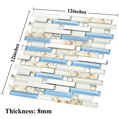 Blujellyfish Beach Style Tile Real Seashell Inside Blue Cream White Brushed Steel Art Mosaic Kitchen Backsplash Bath Decor (Pack of 5 Sheets) - Image 4