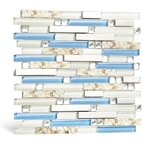 Blujellyfish Beach Style Tile Real Seashell Inside Blue Cream White Brushed Steel Art Mosaic Kitchen Backsplash Bath Decor (Pack of 5 Sheets) - Image 1