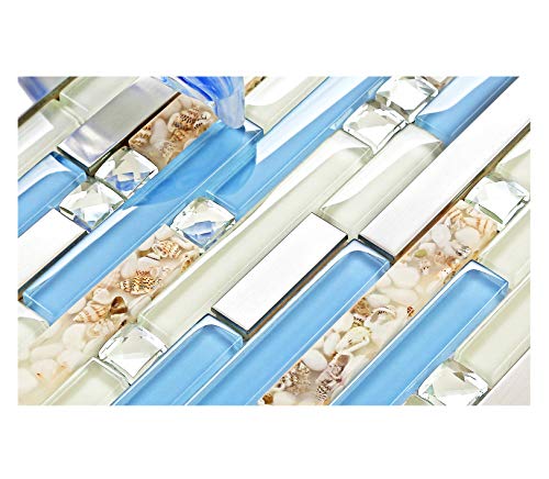 Blujellyfish Beach Style Tile Real Seashell Inside Blue Cream White Brushed Steel Art Mosaic Kitchen Backsplash Bath Decor (Pack of 5 Sheets) - Image 2
